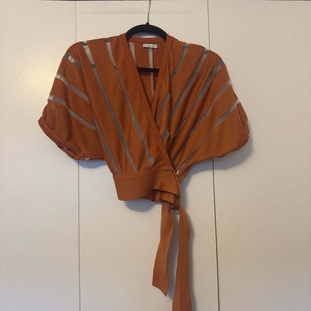 Le Lis Blanc Deux Rust Orange Striped Mesh Short Sleeve Wrap Tie Crop Top Size S